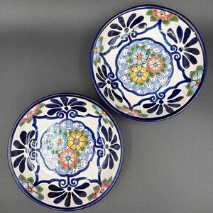 Set of 2 Liceagui Talavera Mexican Pottery Bowl Blue White Handpainted Lead Free